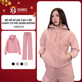  Bộ Quần Áo Nỉ Len Nữ GUNO Cao Cấp Có Mũ Giữ Ấm Kèm Quần Suông Hack Dáng Set Bộ Thu Đông 25BG223 