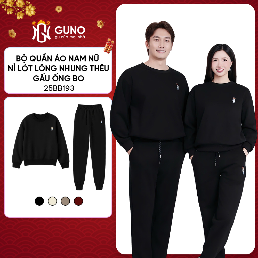  Bộ Quần Áo Nỉ Lót Nhung Nam Nữ GUNO Cổ Tròn Thêu Gấu Kèm Quần Bo Gấu Bộ Nỉ Thu Đông 25BG175 BB193 