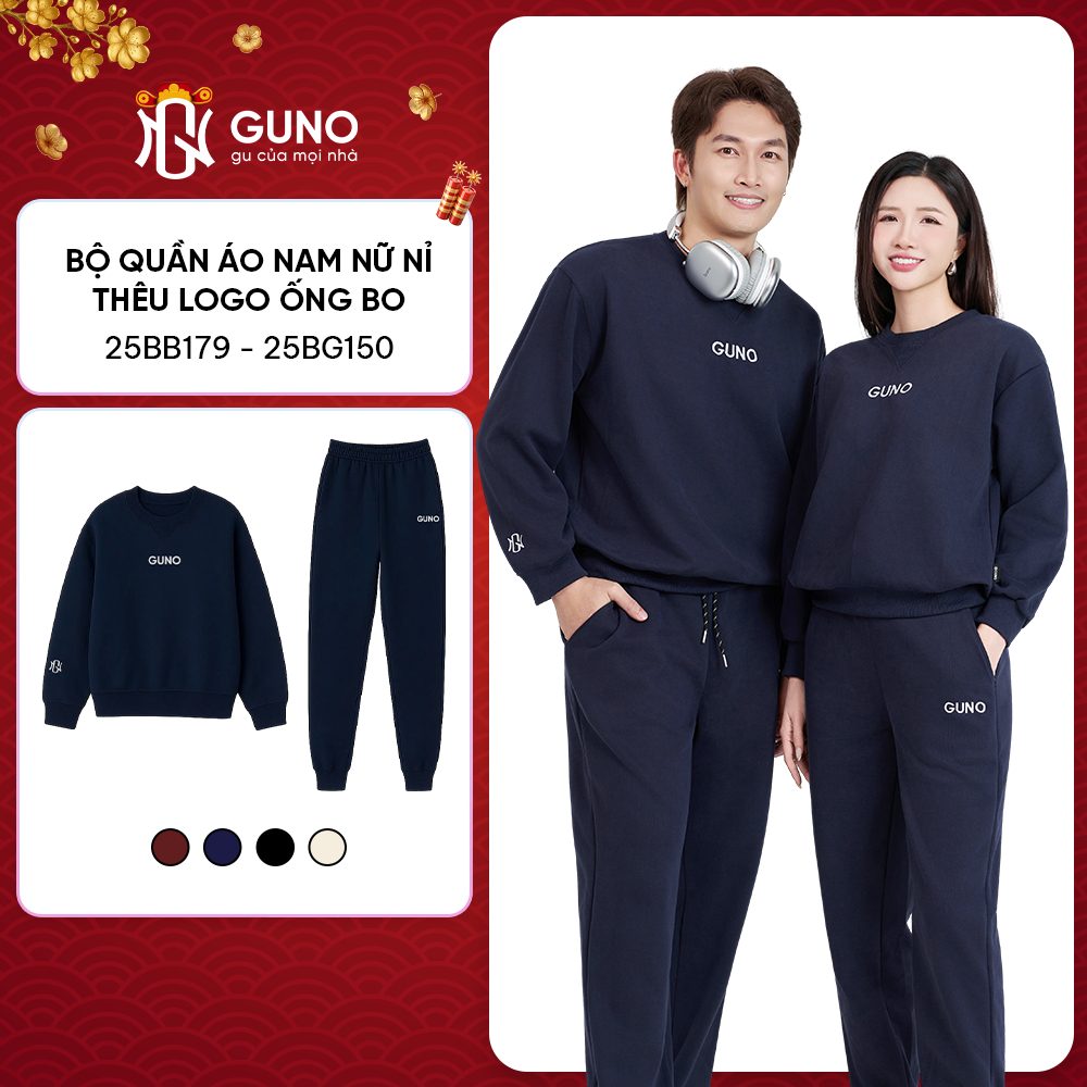  Bộ Quần Áo Nỉ Nam Nữ GUNO Cổ Tròn Logo Thêu Tay Kèm Quần Bo Gấu Set Bộ Thu Đông SP5 25BG150 BB179 