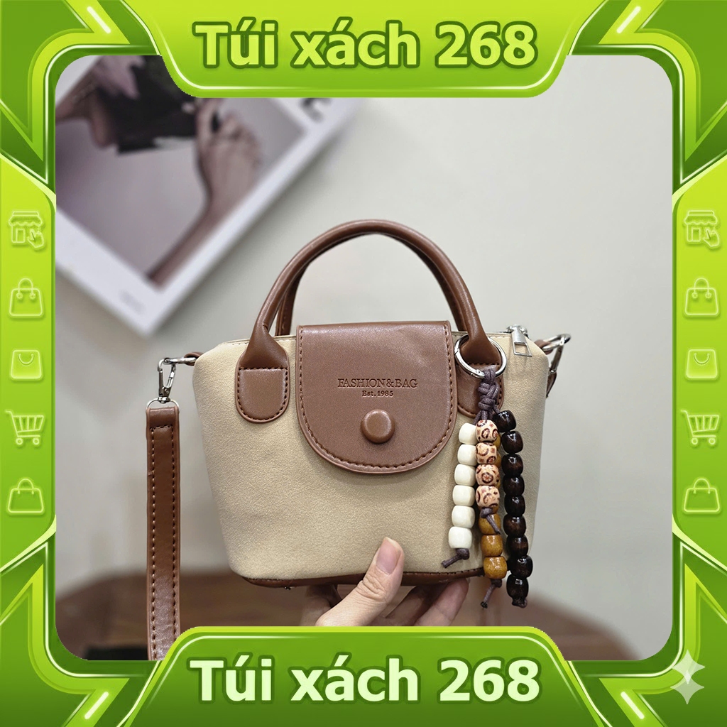 Túi xách nữ F&B, Túi đeo chéo F&B da lộn Size 20 – Phối hai Quai, Nắp Tròn, Tặng Kèm Charm Đeo Xinh 