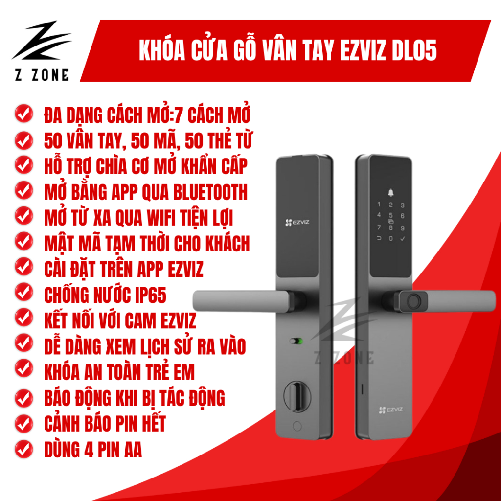 Khóa Cửa Vân Tay Thông Minh EZVIZ DL05 – Mở Khóa Qua App, Thẻ Từ, Mật Khẩu – Bảo Hành 24T