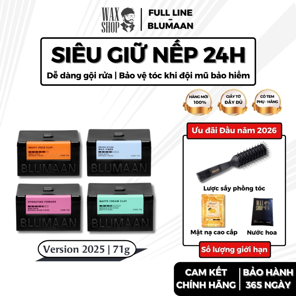 Sáp vuốt tóc nam Blumaan Wax Fiber, Matte Cream Clay, Heavy Hold Clay, Hydrating Pomade chính hãng