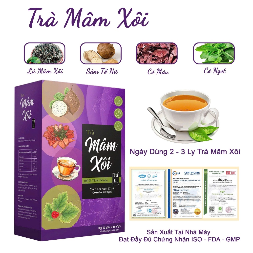 (TMX-01) Trà Mâm Xôi Tứ Vị - Lá Mâm Xôi, Sâm Tố Nữ - Trà Đậm Vị Thơm Ngon 20 Túi- Trà Mộc Lành
