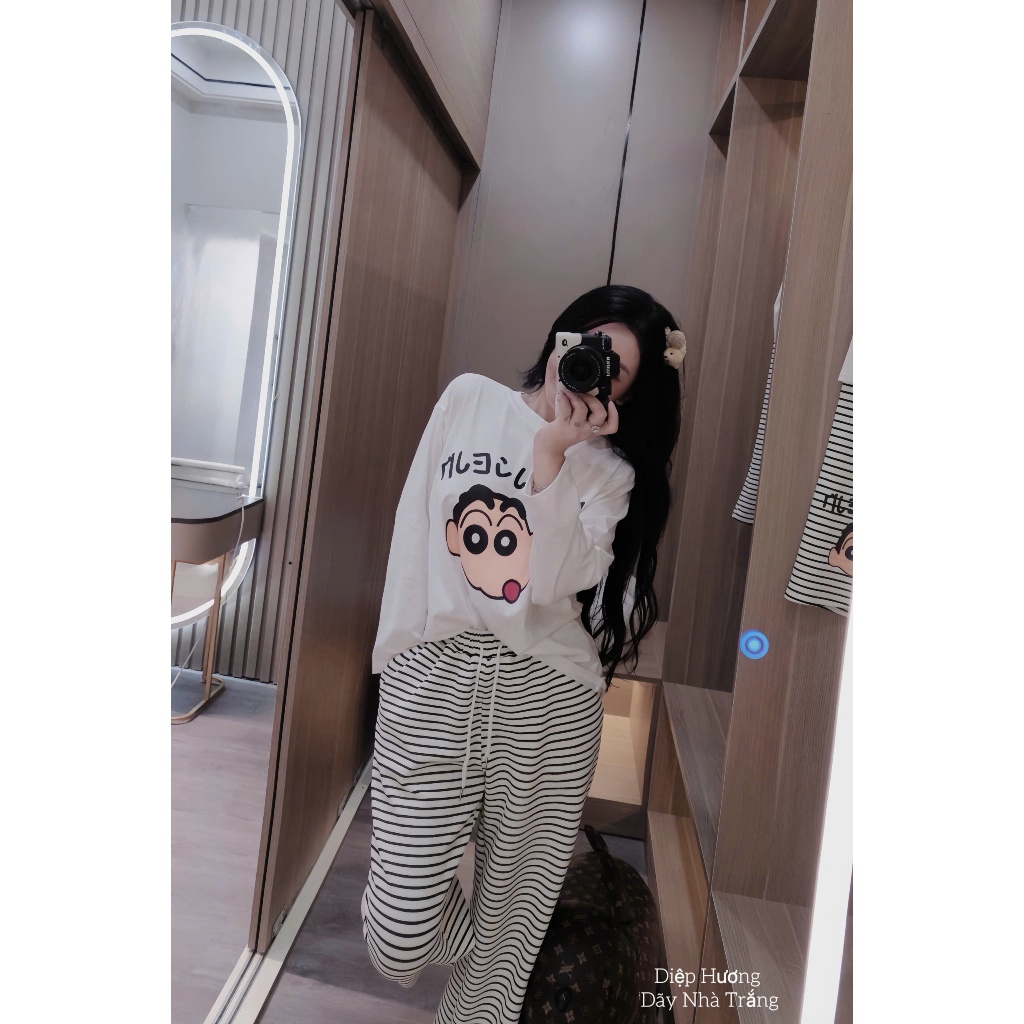 Set Bộ Shin, MÈO KITTY Áo From Rộng COTTON Kèm Quần Dài Suông Kẻ Sọc ống loe -Set Đồ Bộ UT