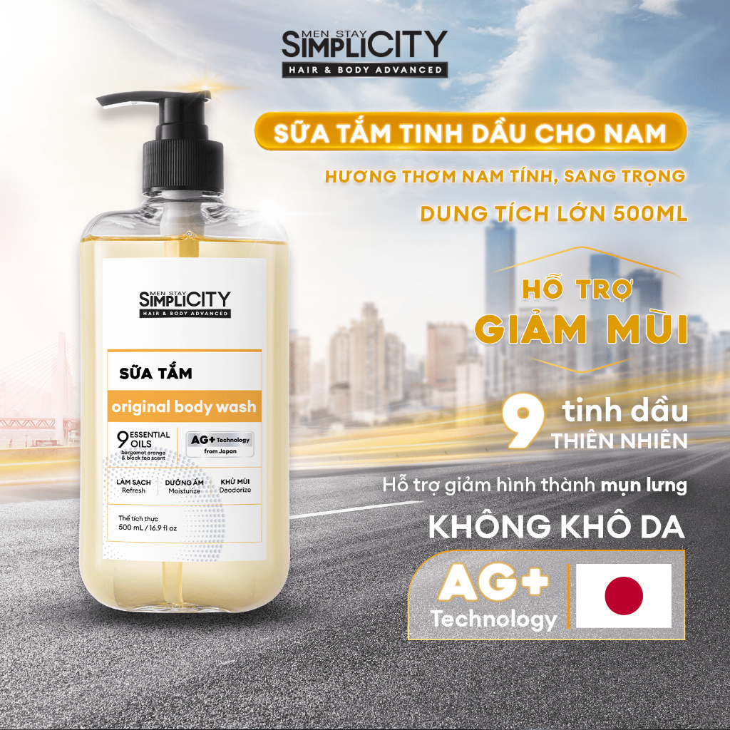 Sữa Tắm Nam Hỗ Trợ Sạch Khuẩn, Khử Mùi Ion Bạc+ Hương Tinh Dầu Men Stay Simplicity Body Wash 500ml