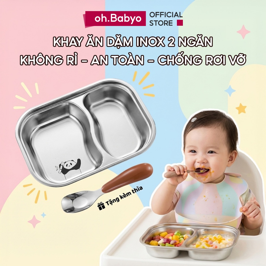 Khay Ăn Dặm 2 Ngăn Kèm Thìa Tiện Lợi ohBabyo Bát Ăn Cơm Inox Không Rỉ Chống Rơi Vỡ An Toàn Cho Bé
