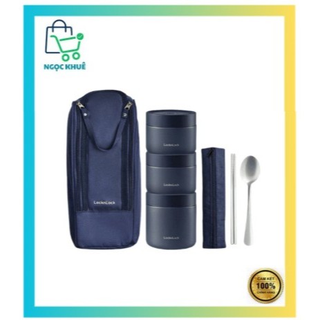 Bộ hộp cơm giữ nhiệt LocknLock (300ml*2, 500ml*1,bộ đũa và thìa,túi) Màu xanh nav LHC8052S01