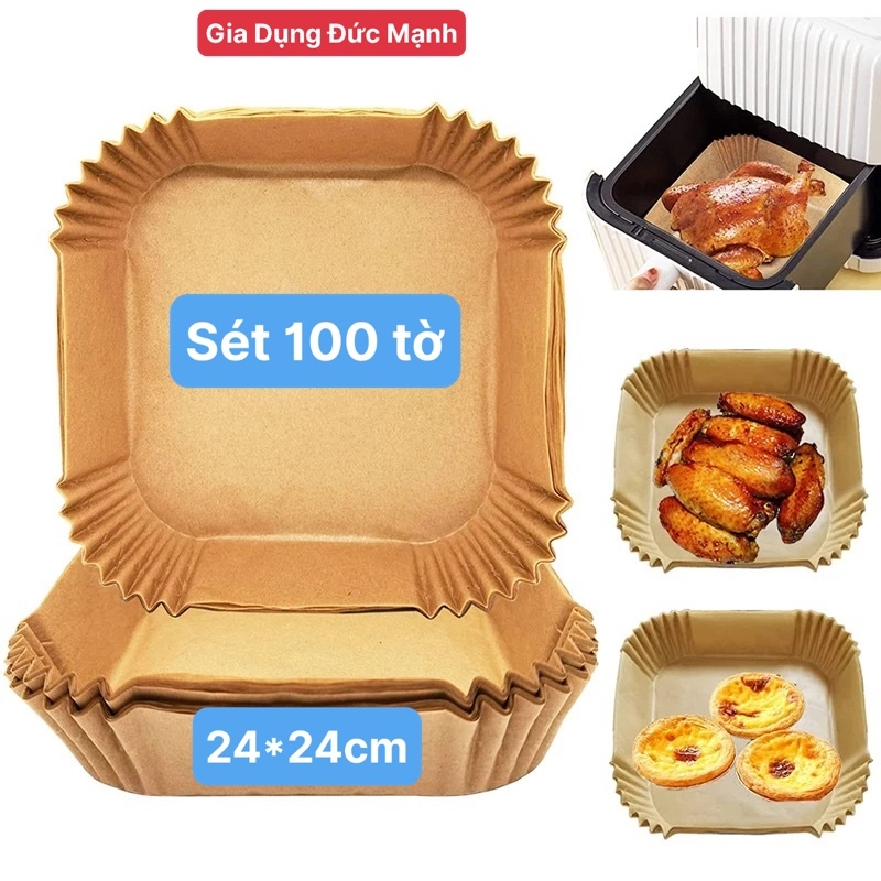 Sét 100 tờ giấy nến Vuông Size 24 x 24 x 4cm lót nồi chiên không dầu hình vuông chịu nhiệt,  thấm dầu, không dính
