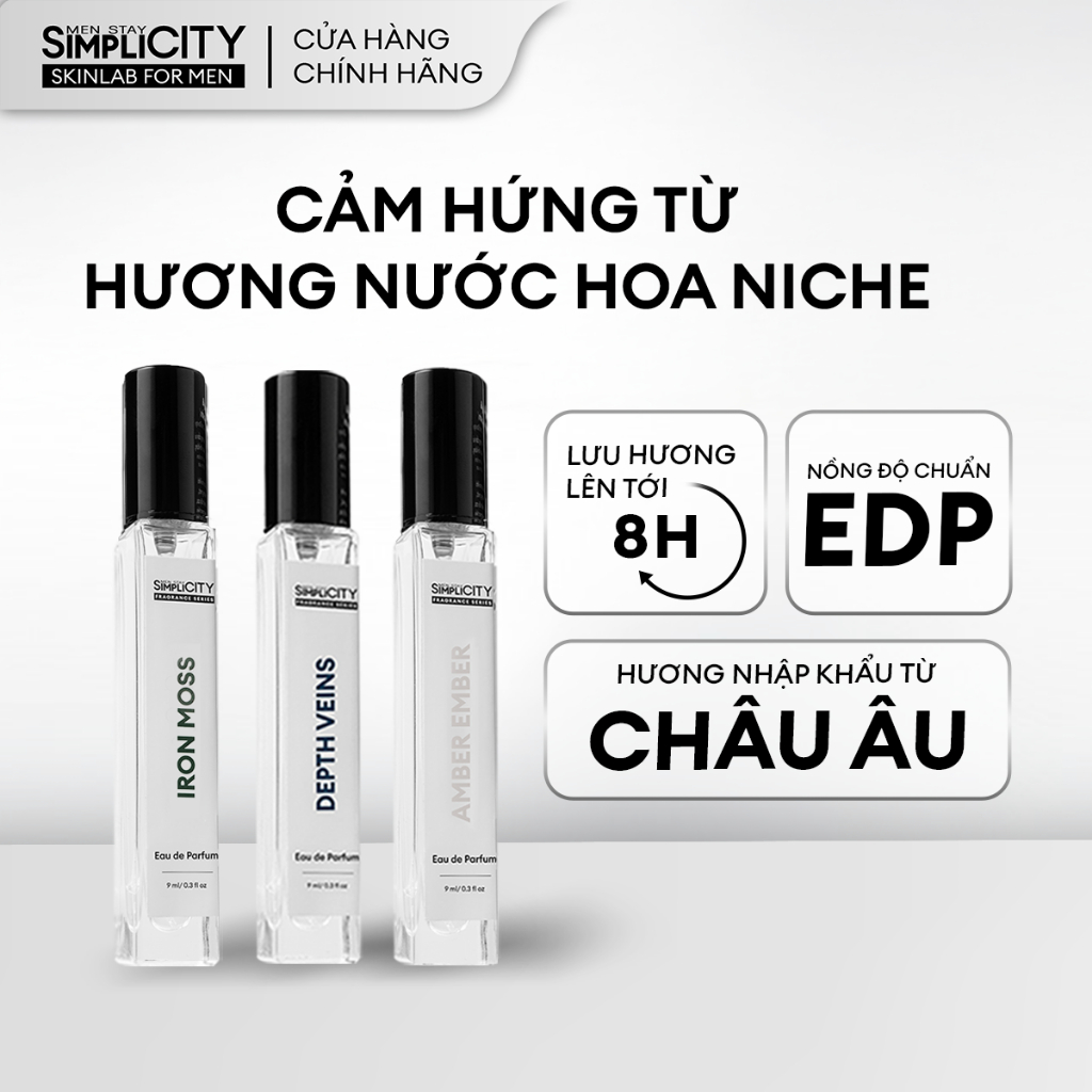 Nước hoa cao cấp Men Stay Simplicity Amber Ember/Iron Moss/Depth Veins Eau De Parfum 9ml