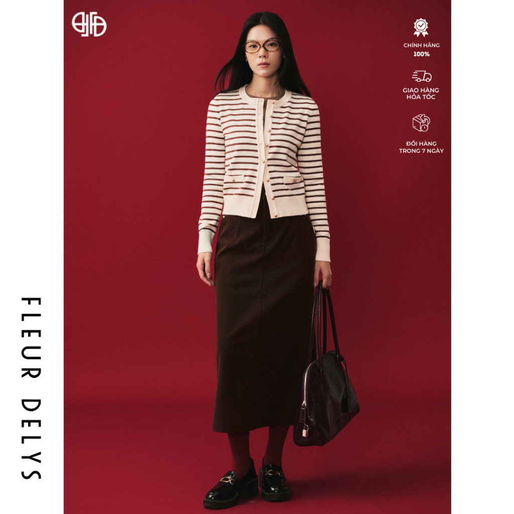 (Soul Of Ember) Áo Len Kẻ Nâu AL194 Phối Chân Váy Nhung Dập Cúc Inox Cv014 Thời Trang Fleurdelys