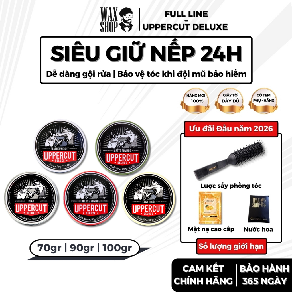 Sáp vuốt tóc nam Uppercut Deluxe Clay, Pomade, Matte Pomade, Easy Hold, Featherweight - Waxshop - C1