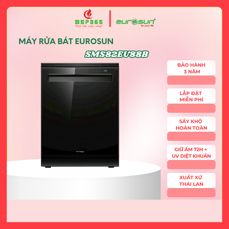 Máy rửa chén EUROSUN SMS82EU88B - Dung tích 16 bộ - Sấy Khô Hoàn Toàn - Bảo hành 3 năm