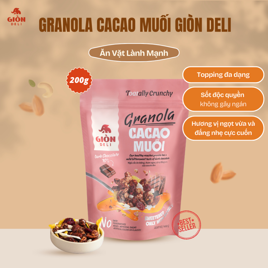 Ngũ cốc Yến mạch Cacao muối - Đậm vị socola nguyên chất 70%, ăn vặt lành mạnh, giòn rụm - GIÒN DELI