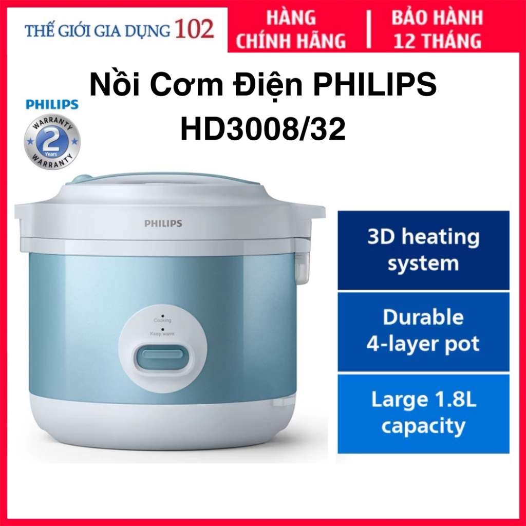 Nồi Cơm Điện Philips HD3008(30/32), Dung Tích 1.8l, Hàng Chính Hãng Bảo Hành 24 Tháng.