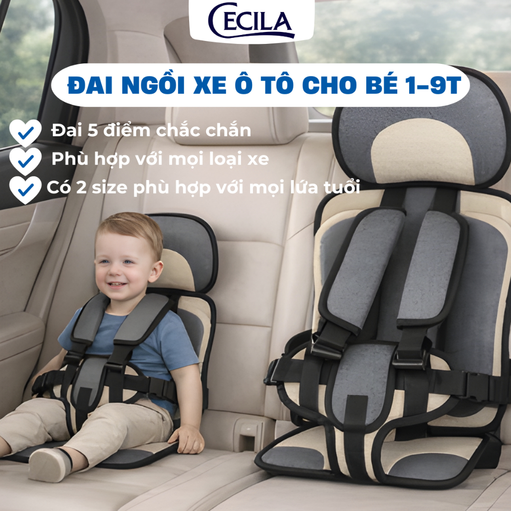 Đai ngồi ô tô cho bé CECILA Gối Nệm Y Tế, đai an toàn giữ cố định, gọn nhẹ,phù hợp mọi loại ghế