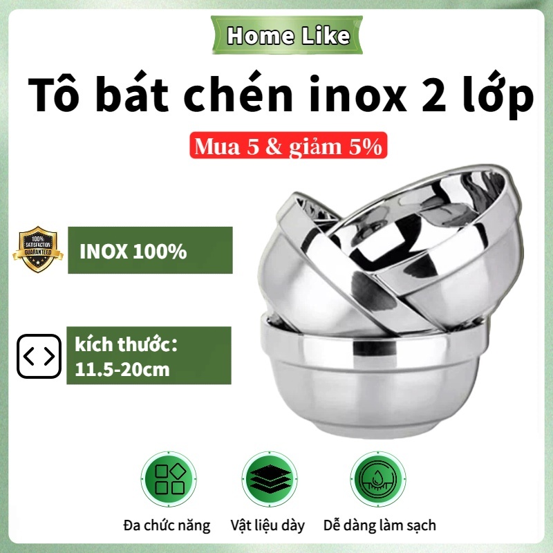 Tô bát chén inox 2 lớp cách nhiệt kiểu Hàn Quốc nhiều size [Home like] khác nhau an toàn cho sức khỏe