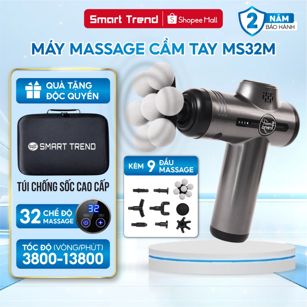 Máy massage cầm tay đấm lưng cỡ lớn thiết kế mạnh mẽ 8 đầu 32 chế độ cao cấp Smartrend Premium MS32M