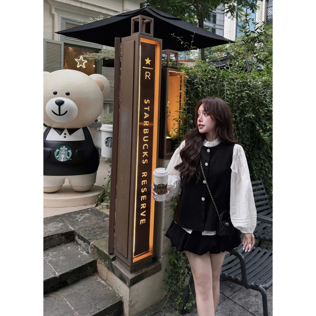 (S.2 Set 3 Món):Áo Gile Nhung Cúc Bông Tuyết +Áo Trắng Cổ Bèo Tay Bồng Thiết Kế May Gân+Chân Váy Bum-Bộ Mặc Tết | BigBuy360 - bigbuy360.vn