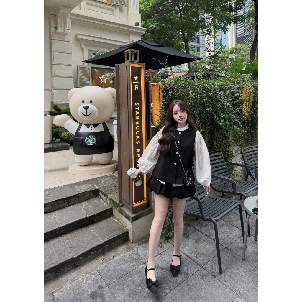 (S.2 Set 3 Món):Áo Gile Nhung Cúc Bông Tuyết +Áo Trắng Cổ Bèo Tay Bồng Thiết Kế May Gân+Chân Váy Bum-Bộ Mặc Tết | BigBuy360 - bigbuy360.vn