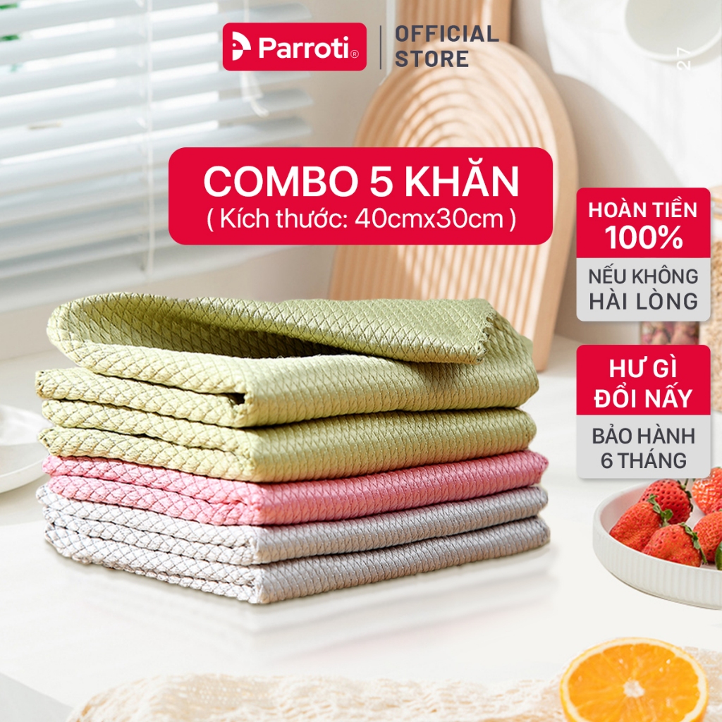 Combo 5 Khăn lau bếp đa năng siêu thấm hút, lau kính, xe ô tô Parroti Fiber FB01