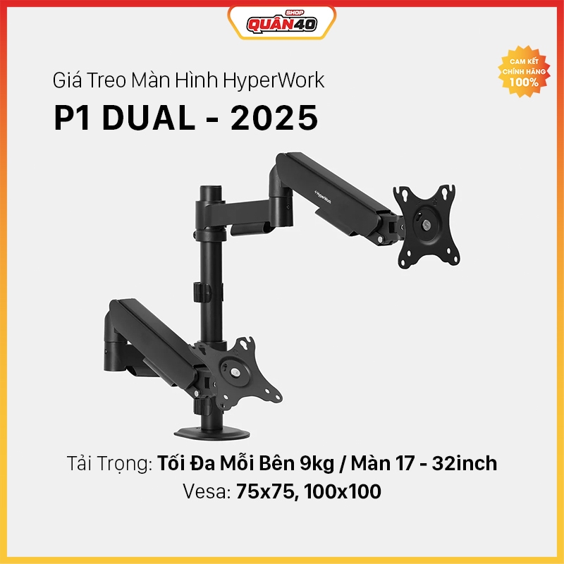 Giá Treo Màn Hình Đôi HyperWork Alpha P1 Dual 2025 | Treo Màn 17 - 32inch | Chuẩn Vesa 75x75, 100x10