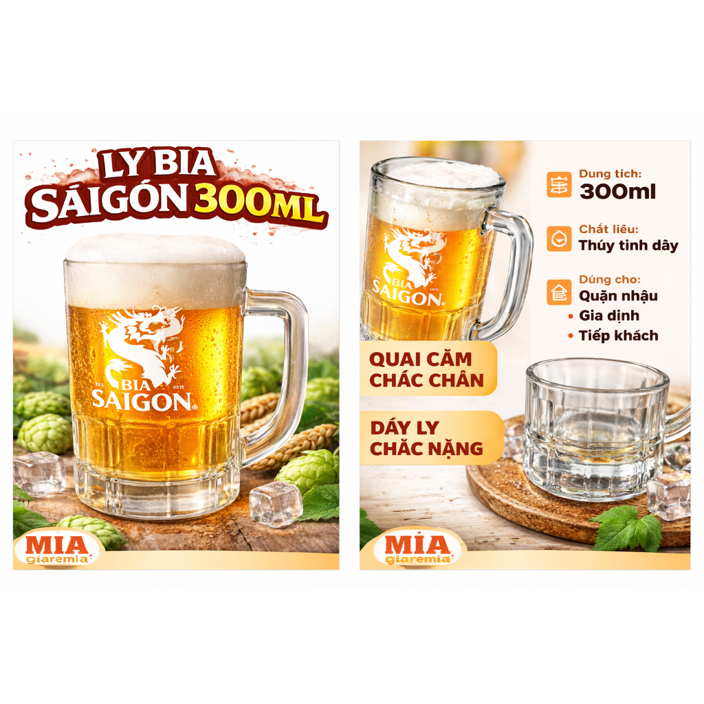 6 Ly Bia Sài Gòn 300ml – Ly Thủy Tinh Có Quai | Dày Dặn – Uống Bia Ngon Hơn