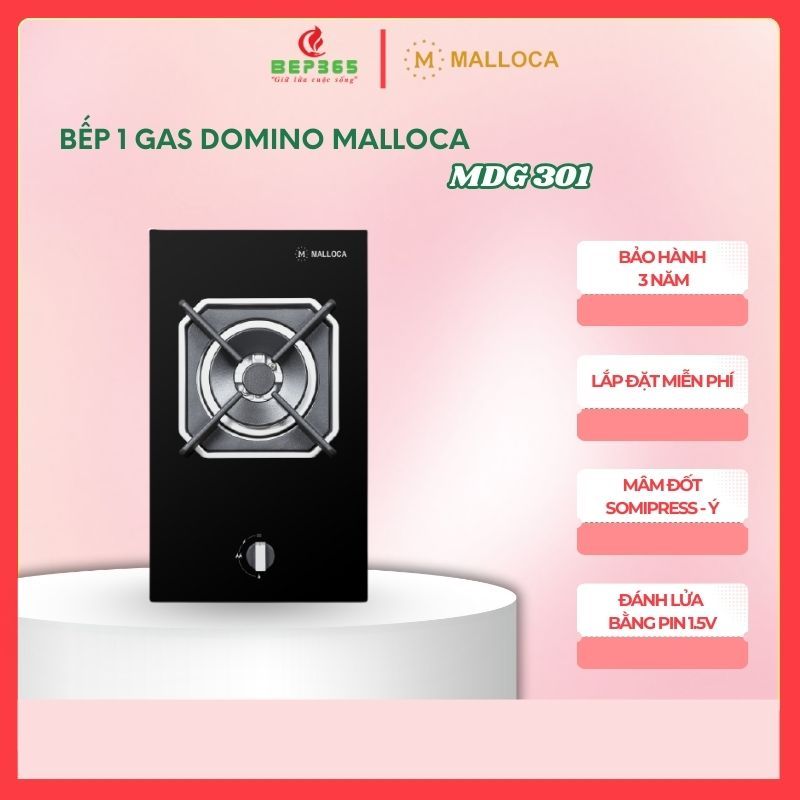Bếp Gas Malloca Domino MDG 301 – Mâm đốt Sabaf - Ý, Bảo hành 36 tháng, Đánh lửa bằng pin 1.5V - BST