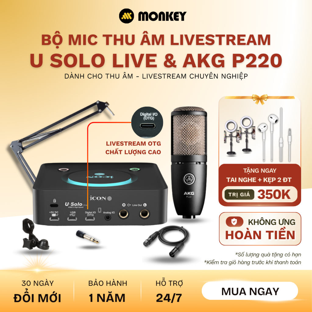 Bộ Combo Mic Thu Âm Hát Livestream Sound Card ICON U SOLO LIVE & Mic AKG P220 Dành Cho Điện Thoại
