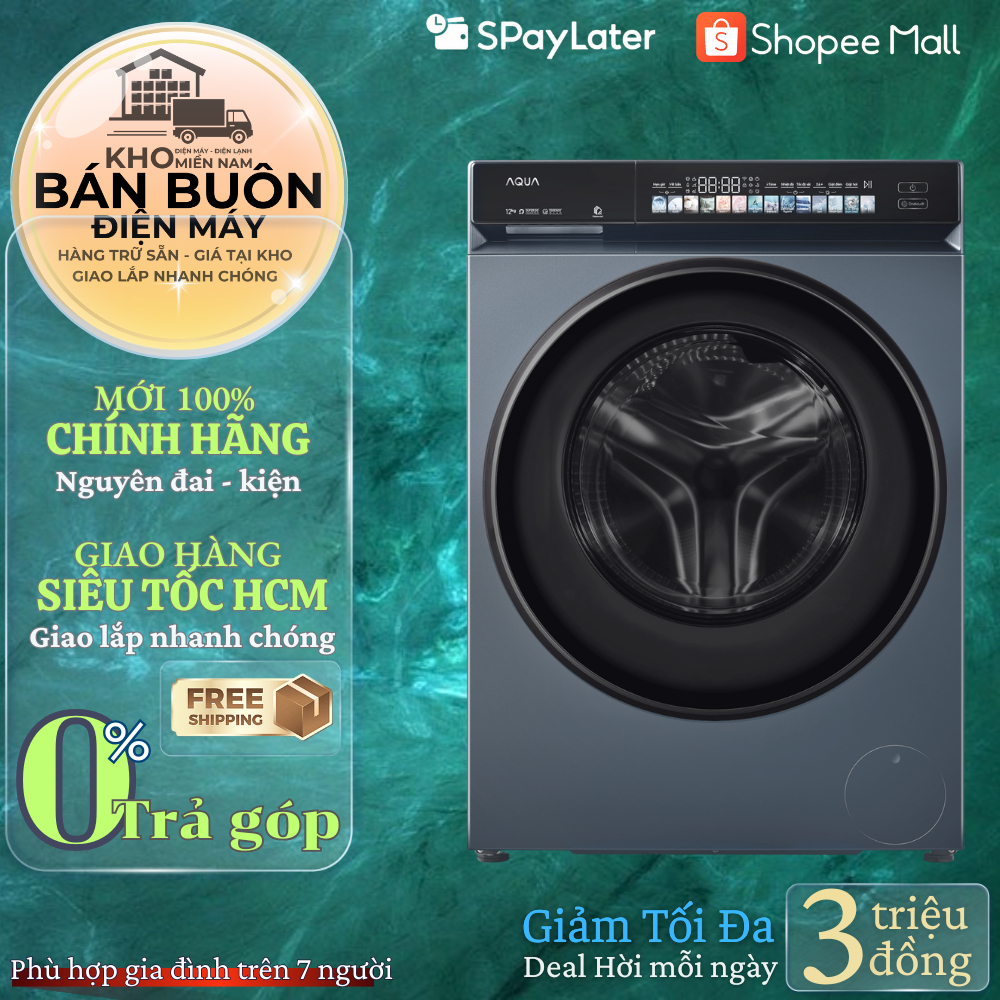 Máy Giặt Aqua Inverter 12kg AW12-B4377U1L(GN) Cửa Ngang DD Motor, Giặt Thông minh AI