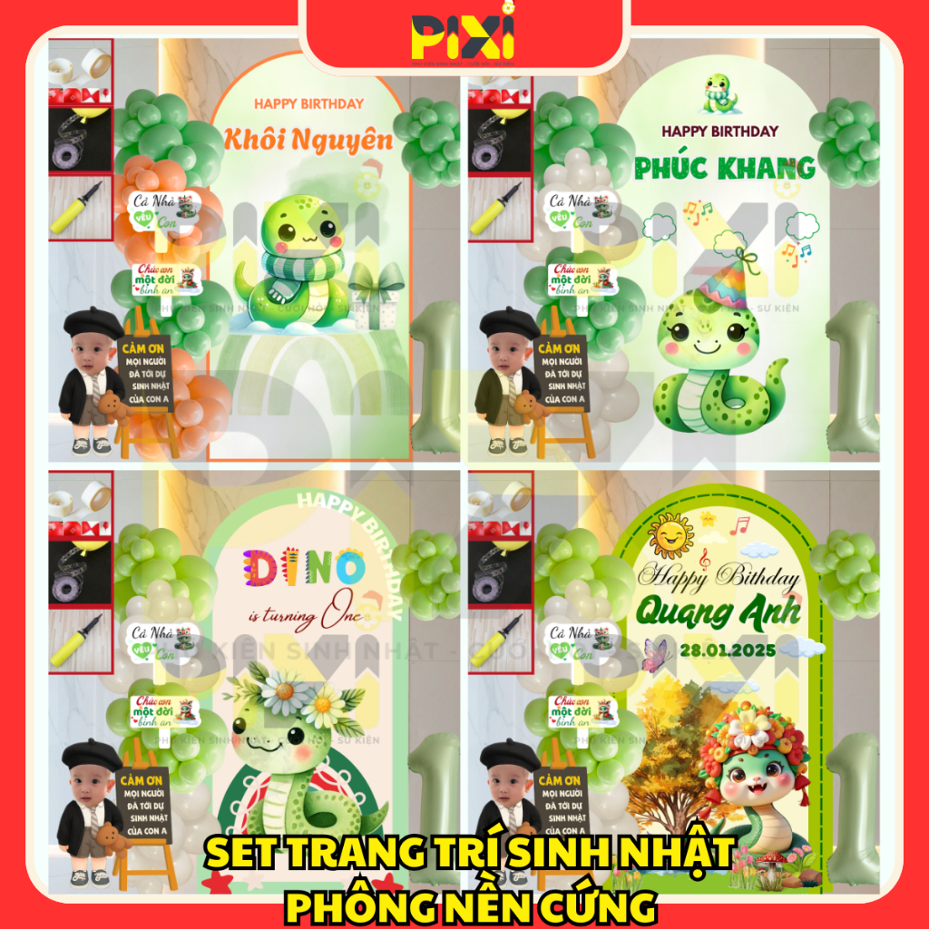 SET Trang Trí Sinh Nhật Phông Cứng Tuổi Tỵ, Tuổi Rắn Xanh Lá Cây - Phông Formex Pixi Party