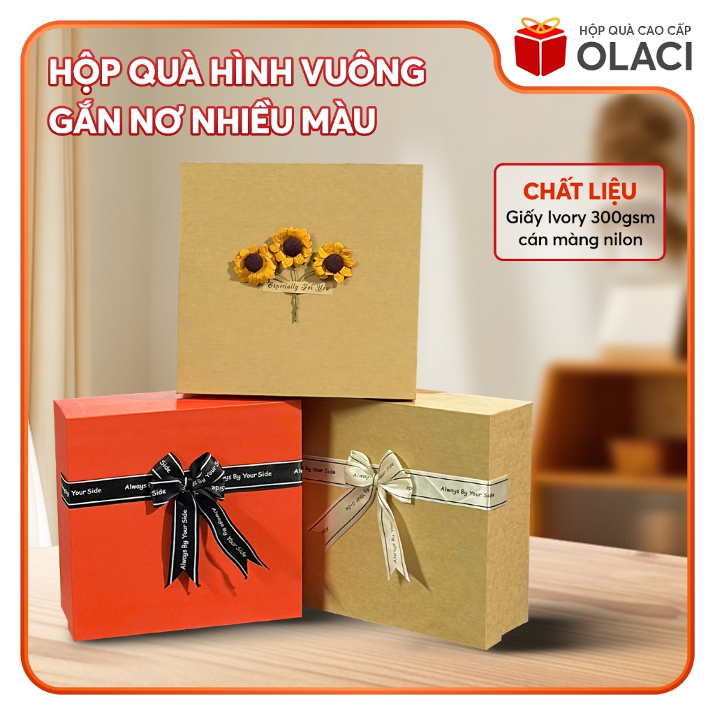 Hộp Quà Sinh Nhật, Kỷ Niệm Hình Vuông Có Nắp Cứng Cáp Gắn Nơ, Gắn Hoa Khô - 20x20x8 cm (DxRxC)