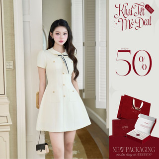 ZAMYSHOP - Váy thiết kế cổ sen khuy dọc nơ kẻ,váy xinh vibe tiểu thư,thanh lịch,đầm đẹp đi tiệc cưới 