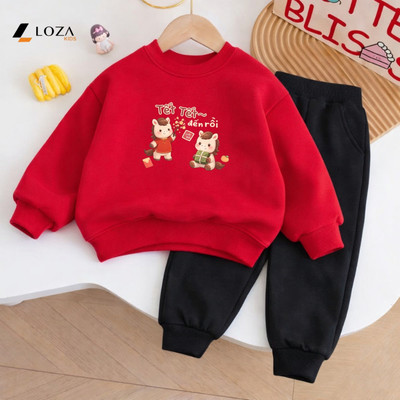 Bộ nỉ cho bé trai, bé gái in ngựa "Tết Tết đến rồi " - Set đồ nỉ cho bé từ 18-42kg Loza Kids BI565