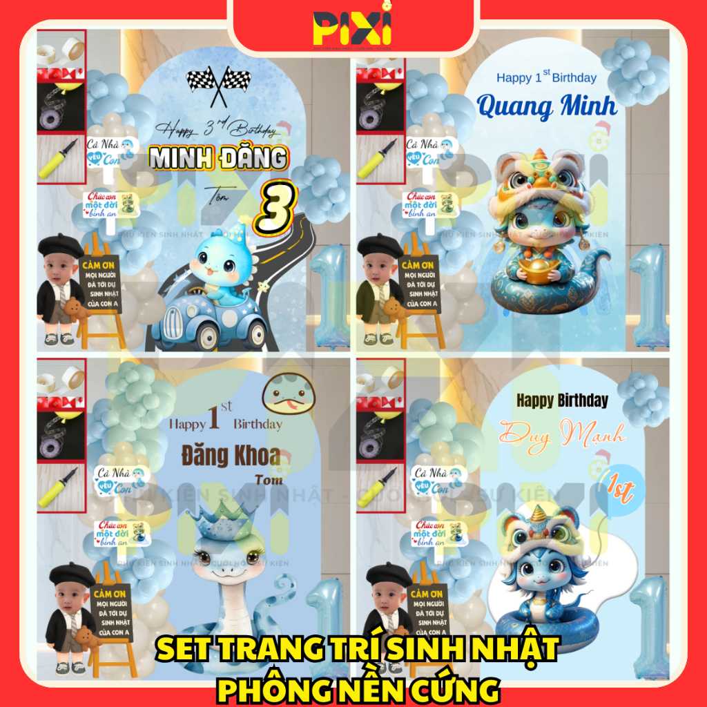 SET Trang Trí Sinh Nhật Phông Cứng Tuổi Tỵ, Tuổi Rắn Xanh Dương - Phông Formex Pixi Party