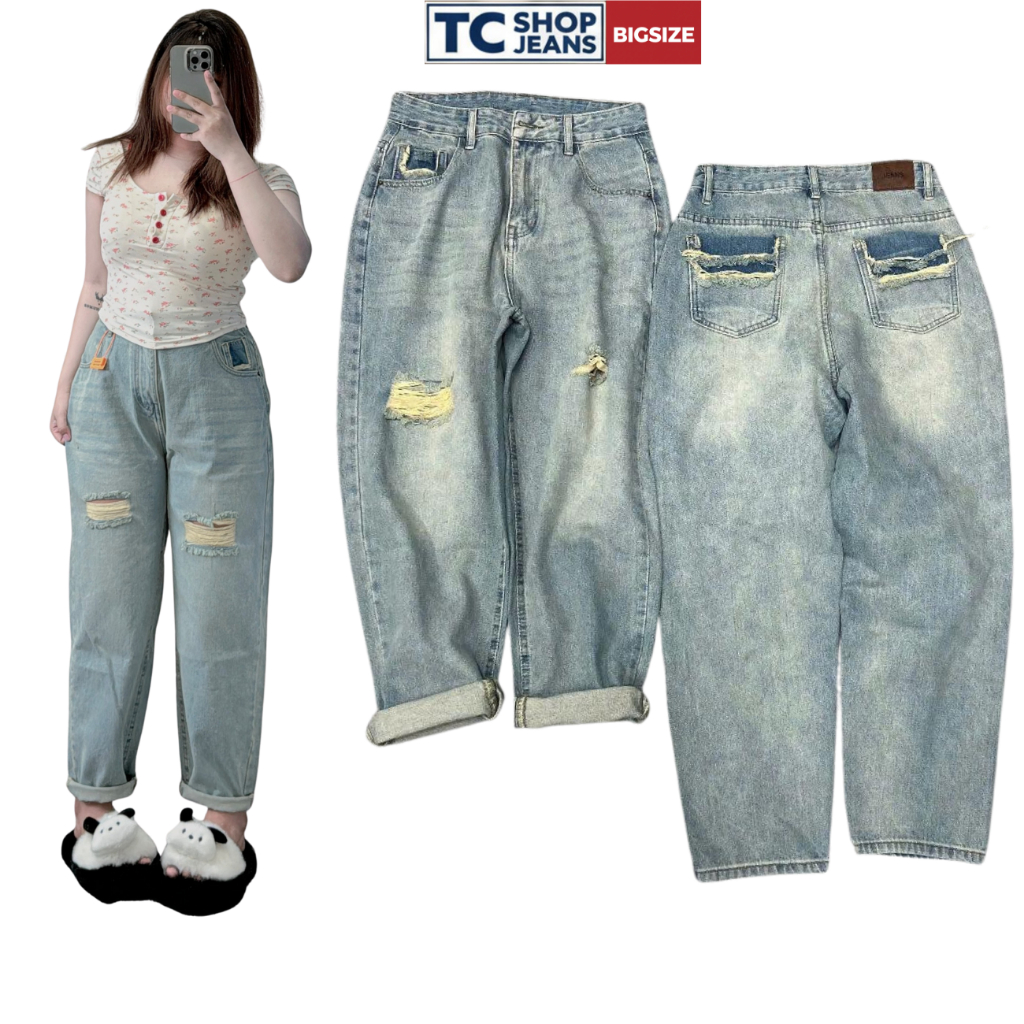 Quần Baggy Nữ Jeans Bigsize Kiểu Rách Gối Nhẹ TC SHOP JEANS BIGSIZE 55kg-90kg Chất Jean QC Đi Học Mã