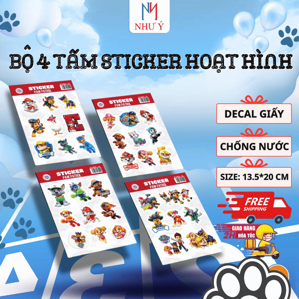 4 Tấm Sticker Hoạt Hình Paw Patrol Cực Hot - Đề Can Bóng Dán Sổ Tay, Laptop, Mũ Bảo Hiểm Dễ Thương