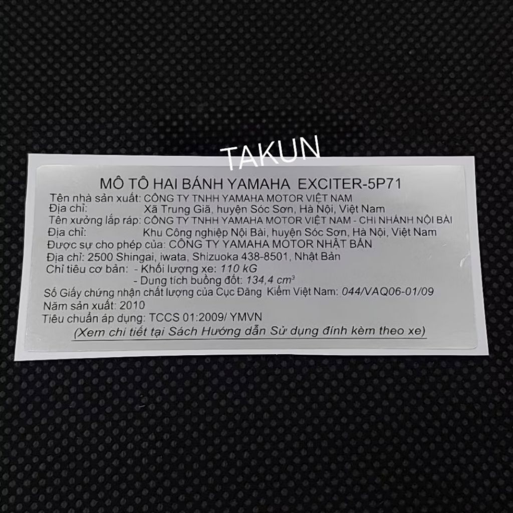 Tem dán càng gắp EXCITER 2010. 5P71, Tem thông số năm Sản xuất