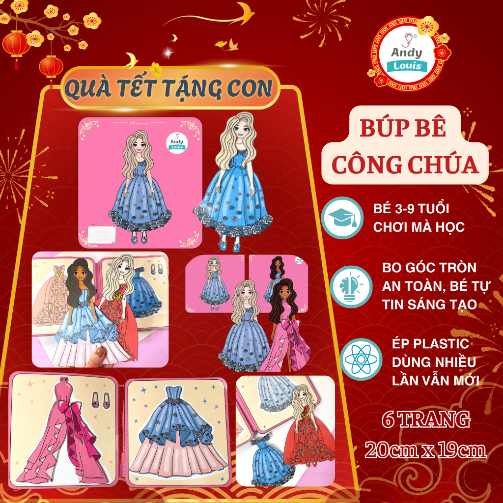 Đồ Chơi Búp Bê Giấy Công Chúa Cho Bé Gái, Quà Tết Cho Bé Hình Dán Búp Bê Thay Đồ Andy Louis