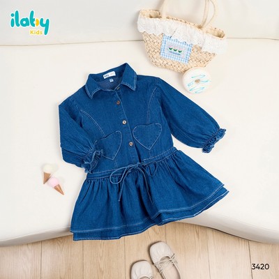 Váy jean dài tay cho bé gái ILABY đầm denim thu đông dáng xòe phối túi trái tim xinh xắn [3420]