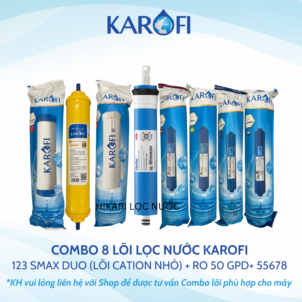 Combo 8 Lõi Lọc Nước Karofi Gồm Lõi 123 (Lõi 2 Cation Nhỏ) - Màng RO Dupont 50GPD - 4 Lõi Chức Năng 