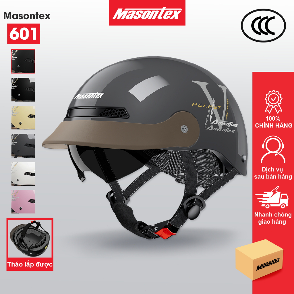 【Tròng kính trắng có thời hạn】Mũ bảo hiểm nửa đầu cho xe máy Masontex 601, kính gập, vỏ ABS nhẹ bền Phù hợp cho nam và n