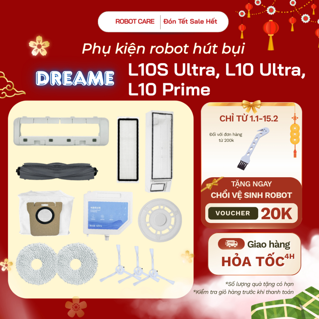Phụ kiện robot hút bụi Dreame L10S Ultra, L10 Prime, L10 Ultra - Nước lau sàn Dreame, màng lọc, chổi