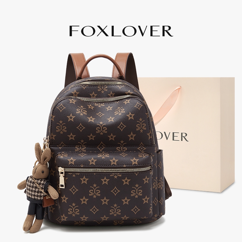 FOXLOVER Ba lô nữ Dung tích lớn 12 inch Chống nước Khóa kéo chống trộm phía sau Họa tiết cổ điển Nâu