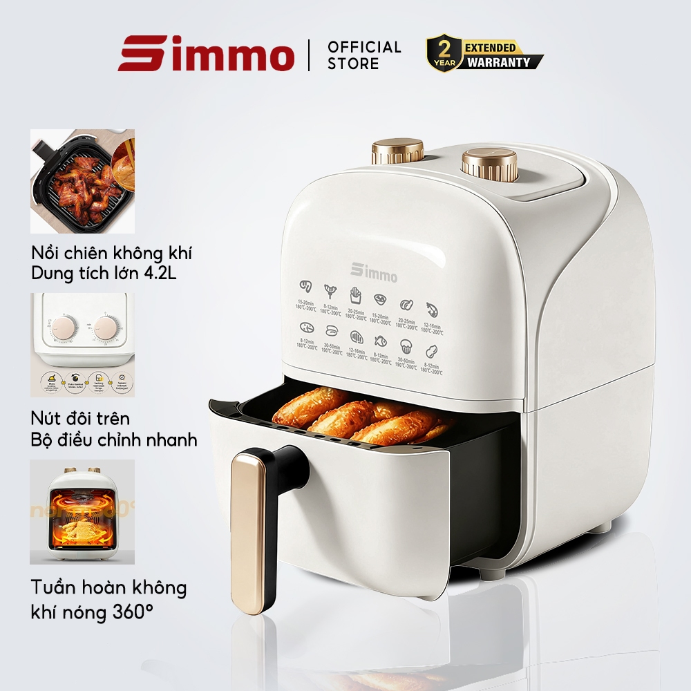 Simmo Nồi Chiên Không Dầu Dung 4.2L 1200W không dầu công nghệ chiên 360 độ giảm 90% chất béo Nồi chiên