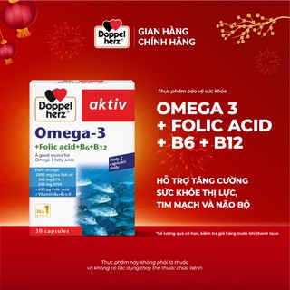  Viên dầu cá Doppelherz Omega 3 + Folic acid + B6 + B12 hỗ trợ tăng cường thị lực tim mạch và não bộ  Hộp 30 viên  