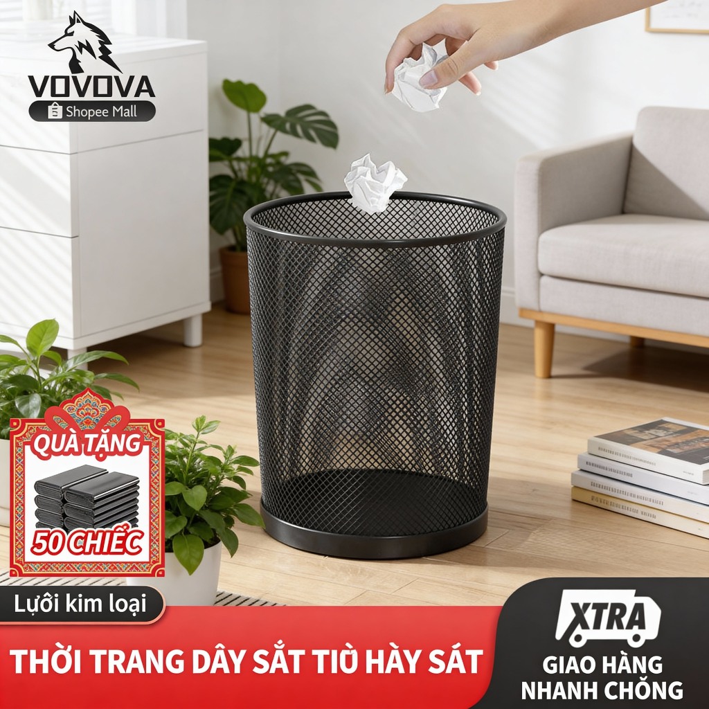 Thùng rác lưới thép màu đen,công nghệ nướng kim loại,giỏ đựng giấy vụn văn phòng/sọt đựng quần áo bẩn，tặng túi đựng rác