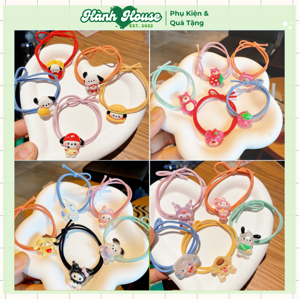 Set 2 dây cột tóc hoạt hình nhiều màu siêu dễ thương