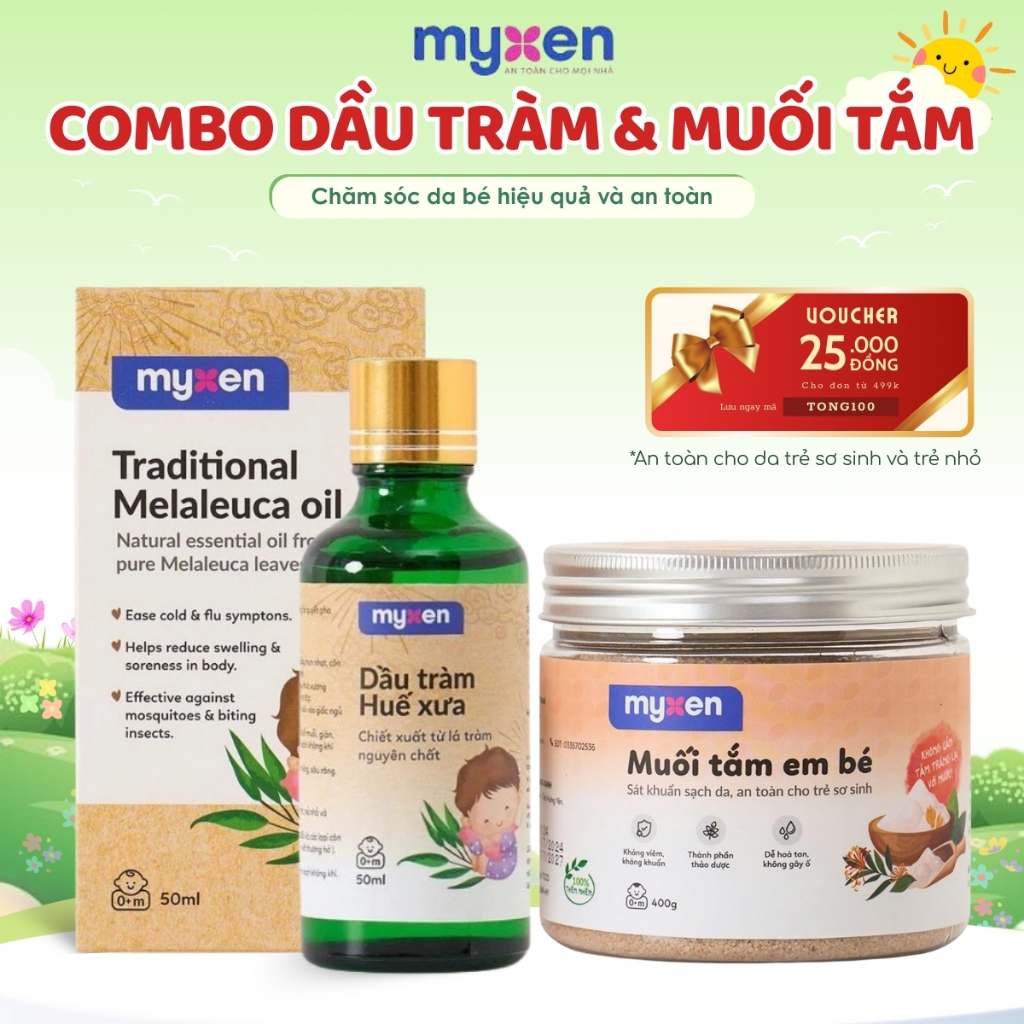 Combo Tiết Kiệm Dầu Tràm Huế Xưa và Muối Tắm Em Bé MYXEN chăm sóc và bảo vệ da bé an toàn hiệu quả