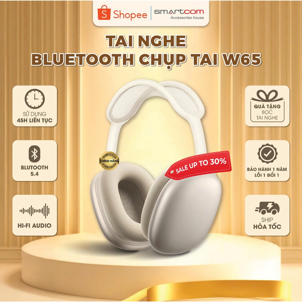 [Tặng bọc da cao cấp] Tai nghe chụp tai Bluetooth W65 Hoco - 45h Pin - Không dây, cắm dây - chống ồn