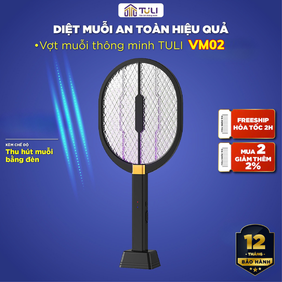 Vợt muỗi thông minh TULI VM02, Sạc tích điện,Tự động kiêm đèn bắt muỗi 2 in 1 hiệu quả, BH 12 Tháng